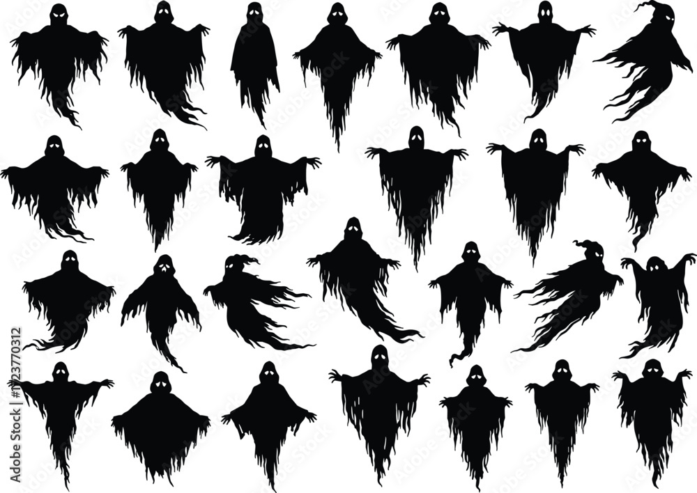 Obraz premium Halloween ghost silhouettes, spooky spirit icons, haunted horror shapes, scary phantom clipart, creepy ghoul figures, supernatural monster design, eerie illustration set