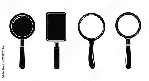 Collection of stylized magnifying glass icons showcasing different shapes for search and discovery vector