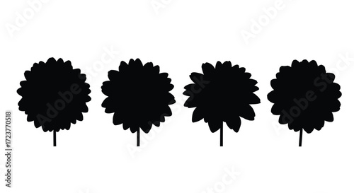Four abstract black silhouettes of fluffy trees with stems on a vector