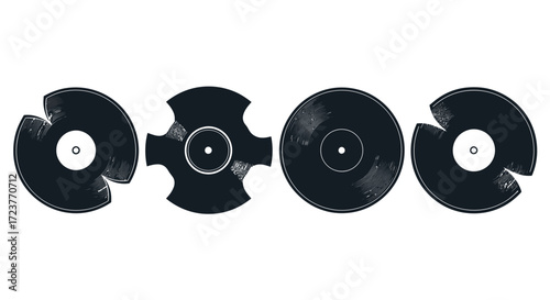 Collection of four vintage vinyl records arranged in a row displaying unique groove patterns and labels vector