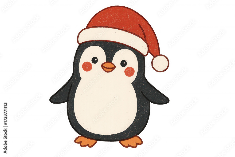 Obraz premium Christmas penguin wearing santa hat, holiday season arctic animal character, winter celebration, festive illustration