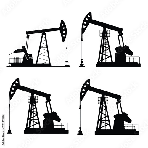 Vector illustration of oil pump silhouettes on a gas field against a sunset background