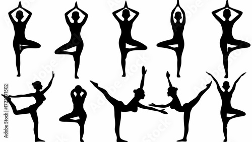 Dynamic yoga poses for wellness journey, empowering flexibility and balance, ideal for fitness blogs, studios, and health campaigns with a vector aesthetic