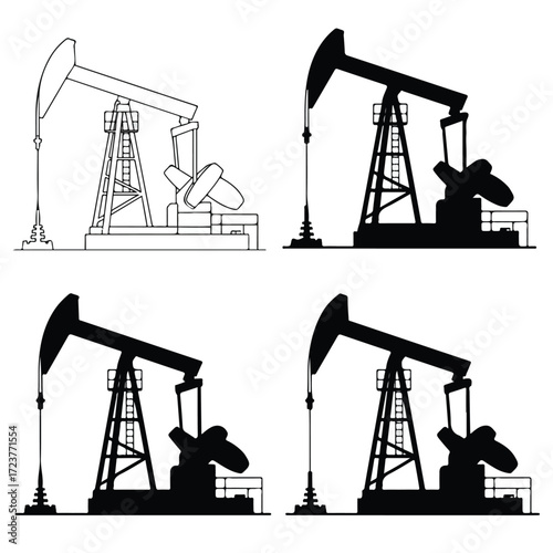 A vector set of oil industry icons, including pumpjack silhouettes and oil rigs, in the glow of a sunset sky