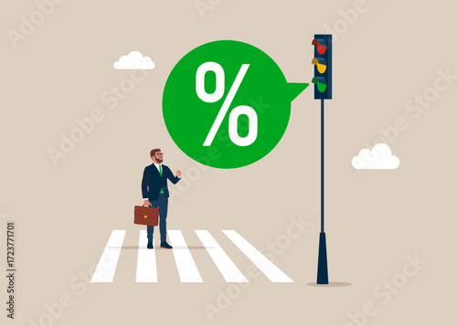 Businessman and green light with percentage sign on traffic light. Discount, promo action. Market share percentage of industry sale, battle to gain more sale. Vector flat illustration