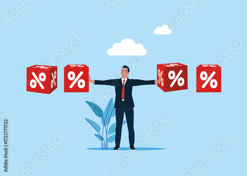 The businessman shares loan section. Decrease in profitability of the deposit Interest rate.  Crisis monetary policy number below zero growth. Vector flat illustration