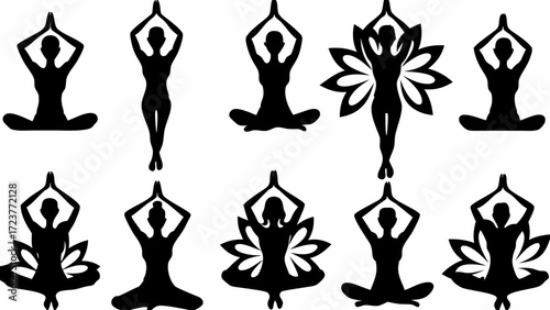 Serene yoga poses and lotus flower silhouettes embodying peace and mindful practice for wellness and meditation inspiration