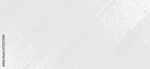 Abstract white and gray background features a textured design with varying sizes of white dots arranged in gradient patterns, creating a modern, minimalist aesthetic.