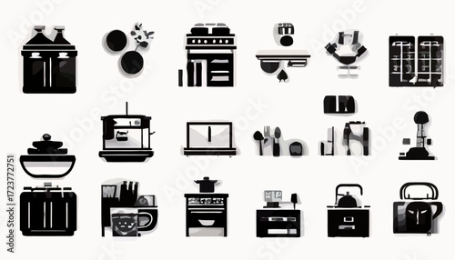 A collection of black and white vector icons depicting various kitchen appliances, cooking tools, and food preparation items, presented in a grid layout.