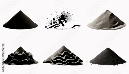 Six stylized piles of material, each with a unique texture or visual effect, arranged in a two-row grid against a white background.