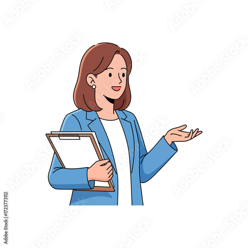 Simple Lineart Businesswoman Holding Clipboard Explaining Presentation Character Illustration