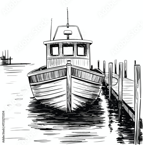 Old wooden fishing boats rest silently in a coastal harbor, their reflections shimmering on the tranquil water