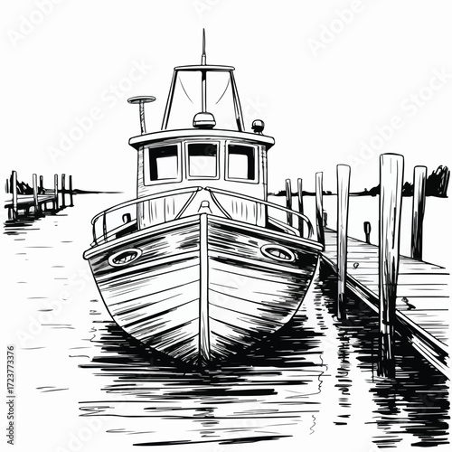 Old wooden fishing boat in a small harbor