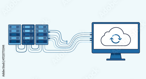Data backup to cloud from server racks.  Illustration of cloud computing and data transfer.