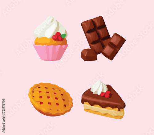 3d dessert. Bakery shop sweets, pastries and cakes. Realistic ice cream, pie and cookies. Chocolate and cupcake, donut, pithy vector clipart