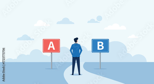 Man standing at a crossroads with signs A and B, making a decision.