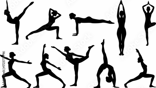 Dynamic collection of yoga poses demonstrating flexibility strength and balance for wellness and fitness inspiration