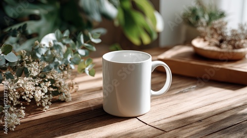 Simple white ceramic coffee mug on rustic wooden table with sunlight and indoor plants for cozy home coffee break setting