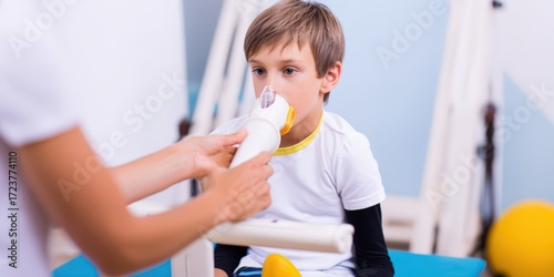 Young boy undergoing spirometry lung function test