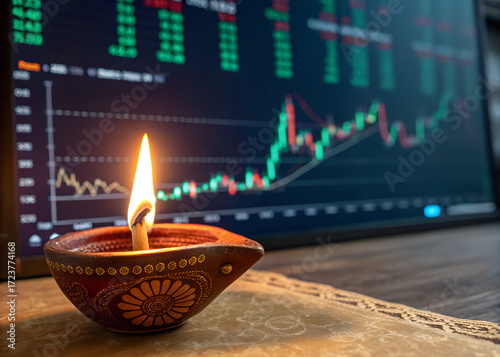 A traditional oil lamp is burning in front of a financial stock market chart