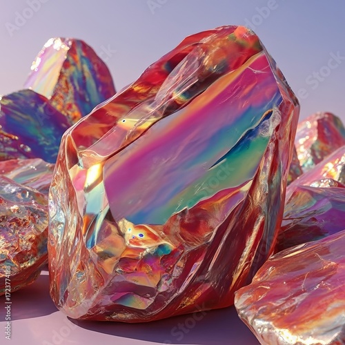 Vibrant iridescent crystals shimmer with a spectrum of colors, evoking wonder and magic.