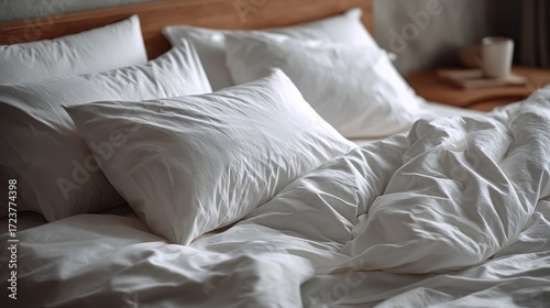 Close-up of a neatly made bed with white silk bedding and multiple fluffy pillows in a cozy bedroom setting with warm lighting and wooden headboard