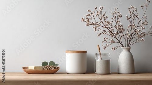 Minimalist Natural Home Decor with Ceramic Vase Dried Branches and Eco-Friendly Storage Containers on Wooden Surface
