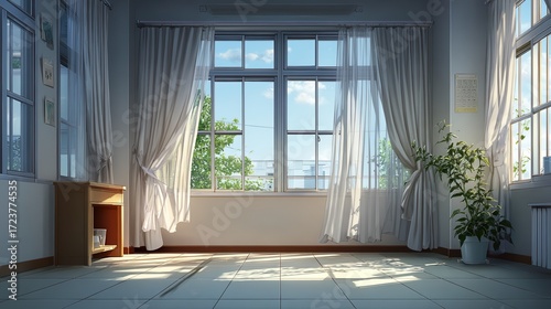 Bright and airy room with large windows and white curtains, sunlight streaming in, green plant in corner, tiled floor, peaceful home interior with natural light