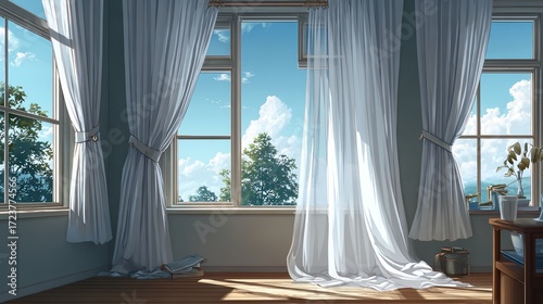 Bright Sunlit Room with Large Windows and Flowing White Curtains Creating a Cozy and Inviting Atmosphere with Greenery and Blue Sky View