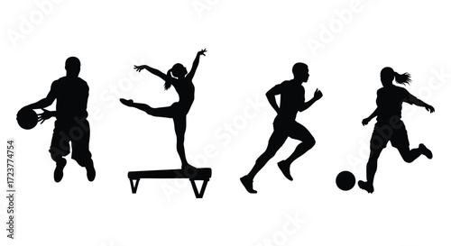 Diverse athletes silhouette collection dynamic poses basketball gymnastics running soccer action vector