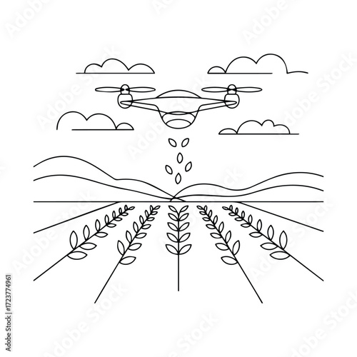 Drone spraying crops with seeds over a field under a cloudy sky