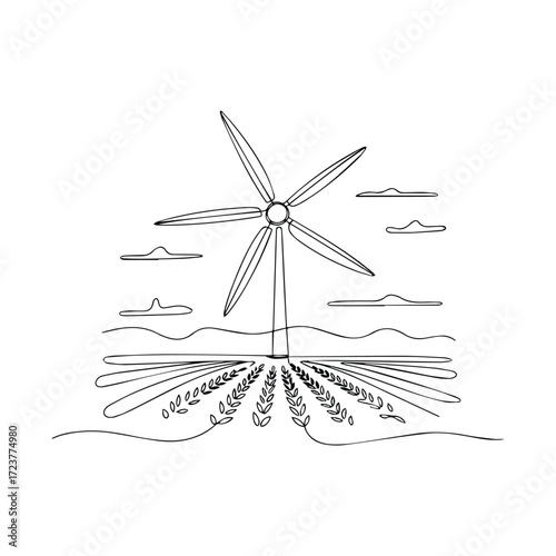 Sketch of a wind turbine standing tall over a field of crops under a cloudy sky