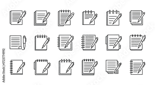 Collection of hand drawn document and note icons with pens and pencils for business and education themes vector