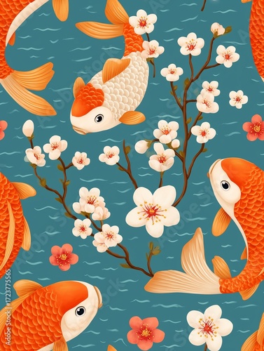 High Resolution Seamless Pattern of Seamless Pattern of Koi Fish and Cherry Blossoms on Turquoise Background perfect for textiles, backgrounds, and digital decoration