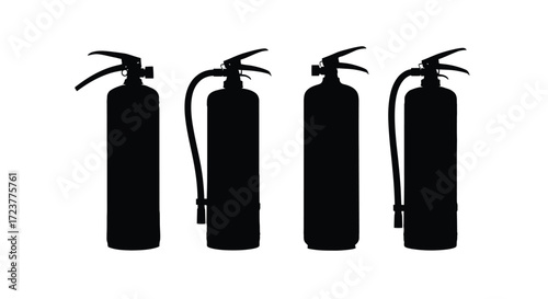 Four silhouette fire extinguishers standing together representing fire safety and emergency preparedness vector