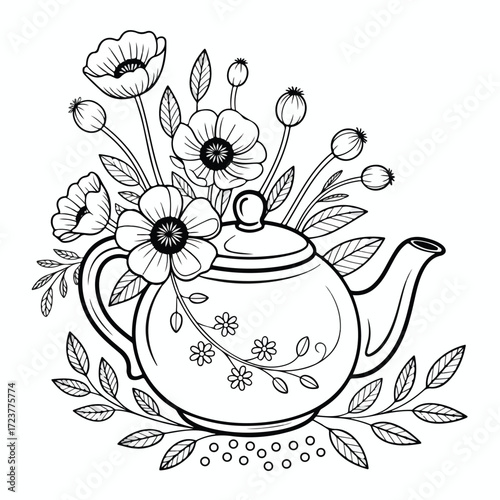 A charming vintage ceramic teapot and teacup sit on a saucer next to vibrant flowers, ready for a hot breakfast beverage