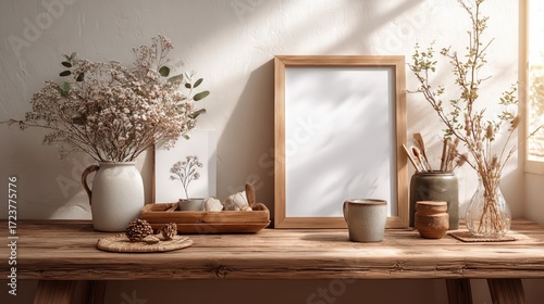 Decorative wooden table with vases of dried flowers and pinecones, blank framed picture, natural sunlight creating shadows, cozy rustic interior decor