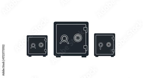 Three realistic 3d rendered black safes of varying sizes on a clean studio setting vector