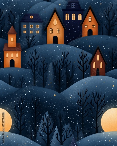 Elegant Seasonal Design – Enchanting Winter Night  with Cozy Homes and Snowy Landscape ideal for festive campaigns, cards, and wrapping paper