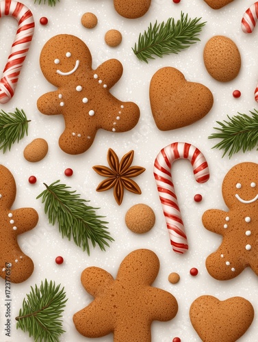 Vintage Christmas Decorative Art – Festive Gingerbread and Candy Cane Christmas Pattern with Evergreen Sprigs great for holiday packaging, branding, and gift materials