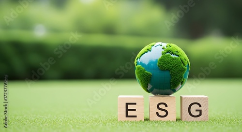 Green globe on ESG blocks, corporate responsibility concept