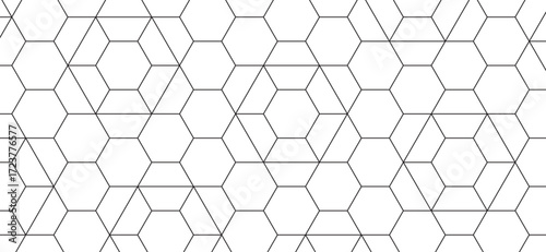 Monochrome abstract geometric seamless pattern showcases a linear arrangement of black hexagonal and triangular shapes against a clean white background, creating a modern design