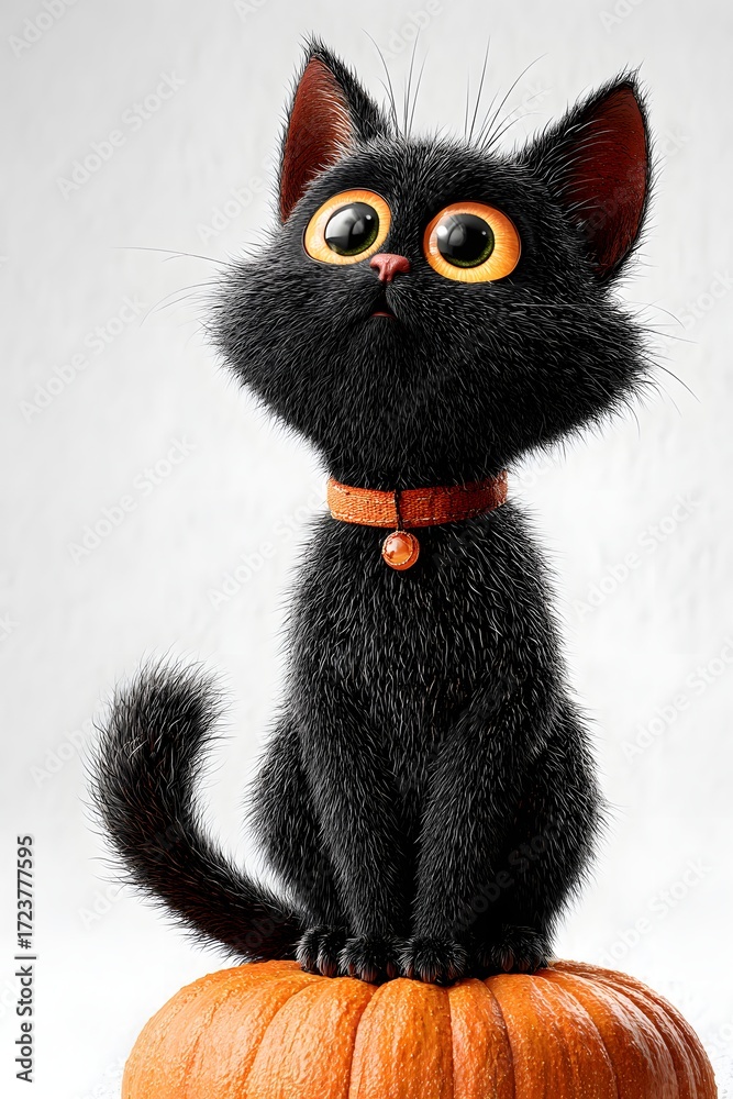 Fototapeta premium 3D cartoon black cat with big eyes smiling playful sitting on pumpkin isolated on white background
