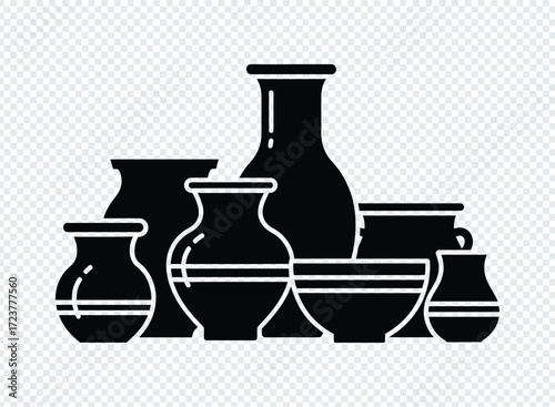 Collection of black ceramic pottery vases and bowls silhouette