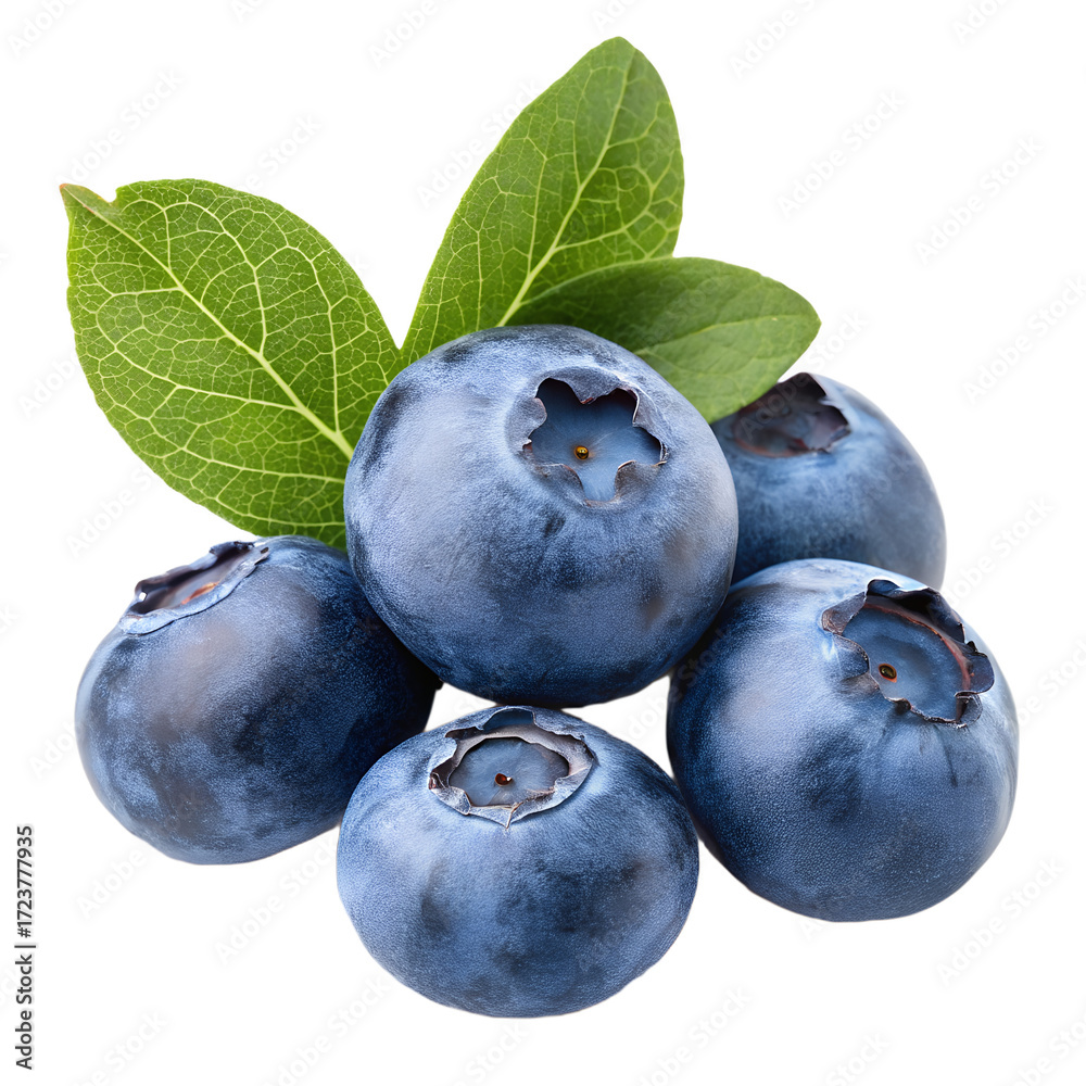 Obraz premium Pile of fresh blueberries with green leaves isolated on transparent background, a healthy and delicious snack option