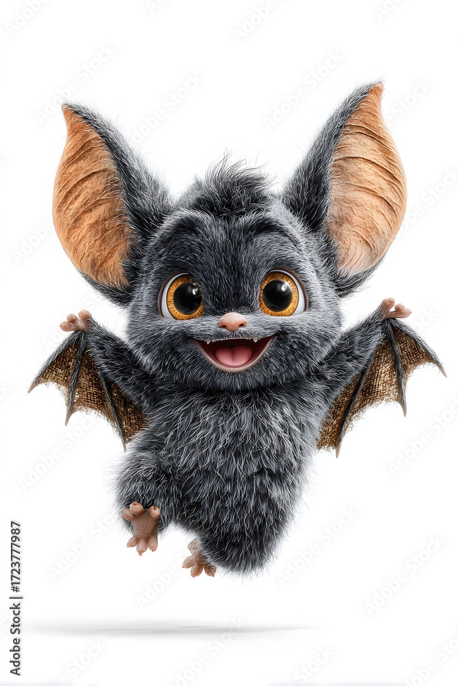 Fototapeta premium 3D cartoon bat flying with big eyes smiling cheerful isolated on white background