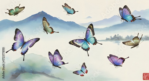 Colorful butterflies in asian style landscape