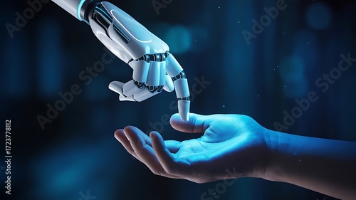 Robot hand reaching out to human hand for connection in a futuristic world