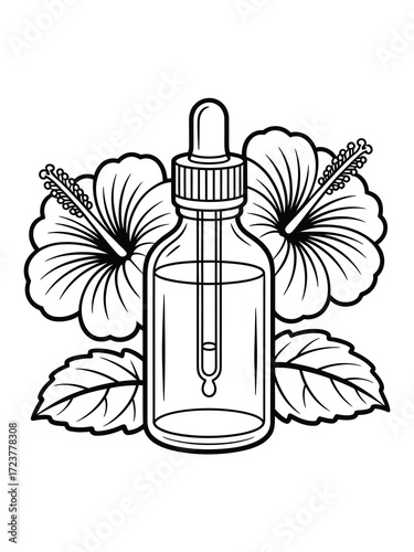 Hibiscus flower and essential oil dropper bottle illustration