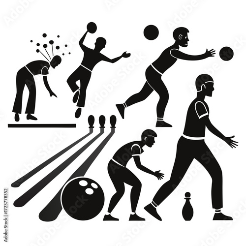 Bowling and juggling silhouettes in motion